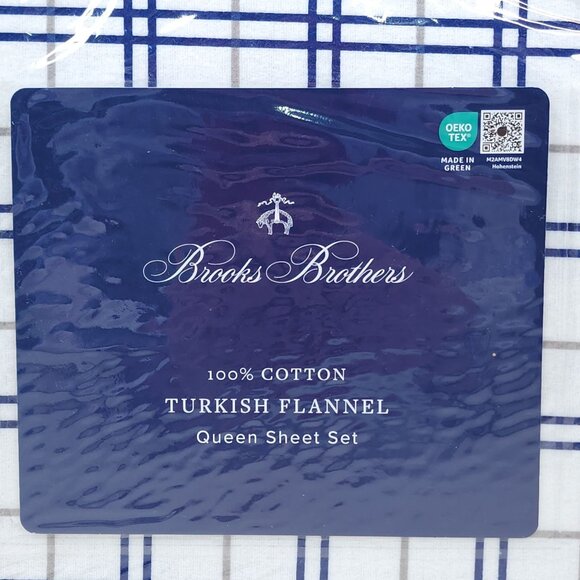 Brooks Brothers Queen Turkish Flannel Sheet Set 100% Cotton Blue White Plaid - Picture 2 of 8